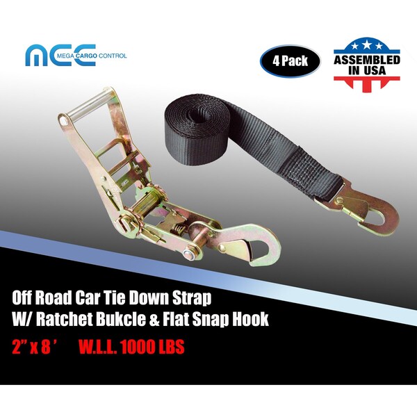 2" x 8' Off-Road Ratchet Tie Down Strap w/Snap Hook Auto Hauler Tow Truck Black, 4PK